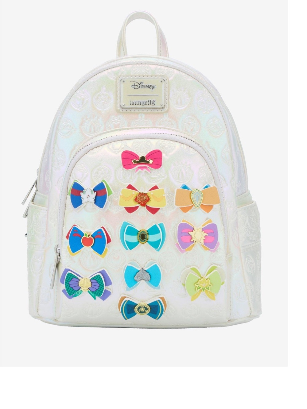 Loungefly Kids Iridescent White Mini Backpack with Colorful Bow Pins